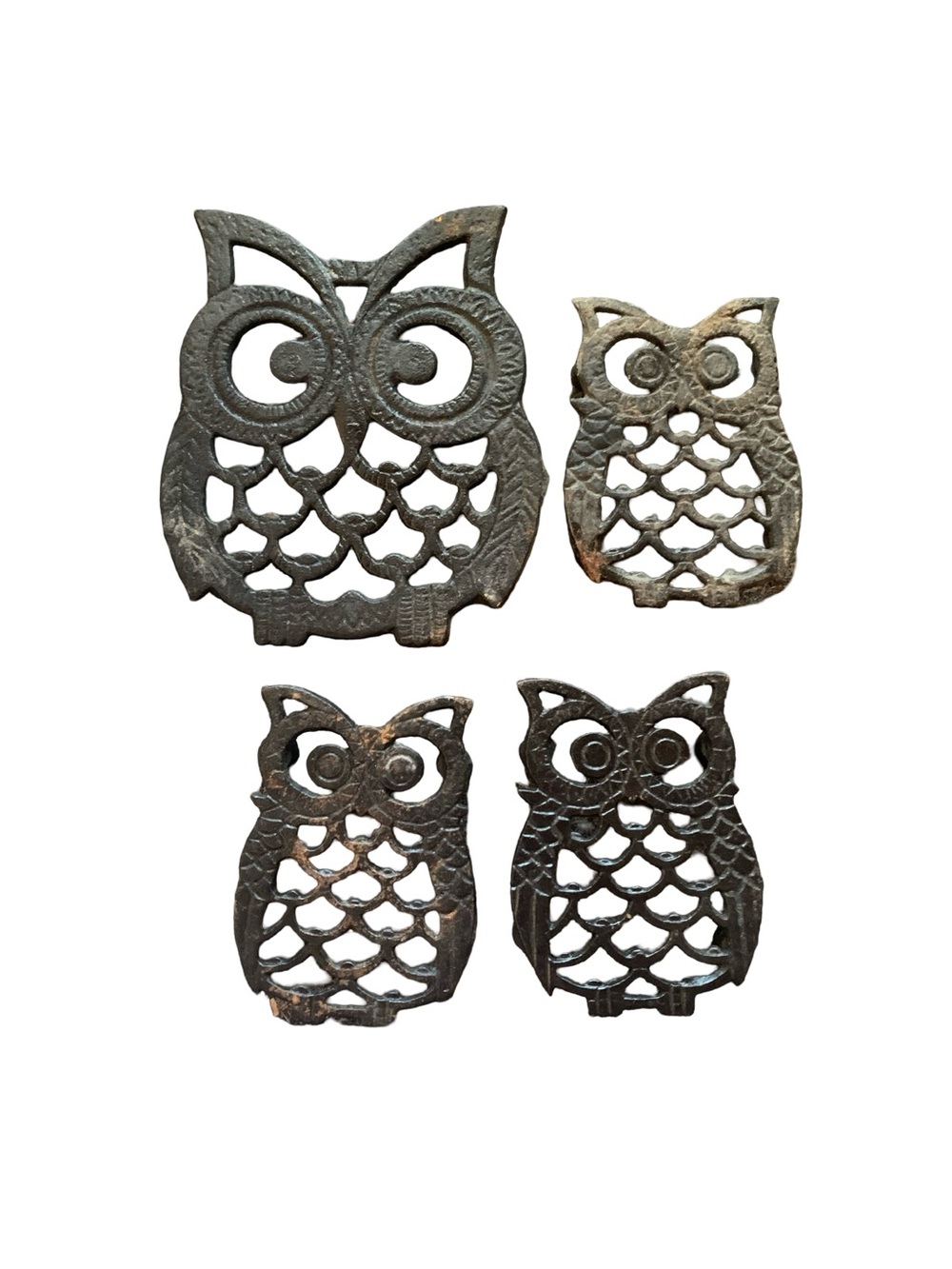 Owl Trivets Coasters Set of 4 Cast Iron Footed MCM Vintage Made In Taiwan